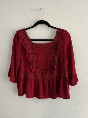 Women's Red Ruffled Peasant Blouse - Feminine Square Neck Top